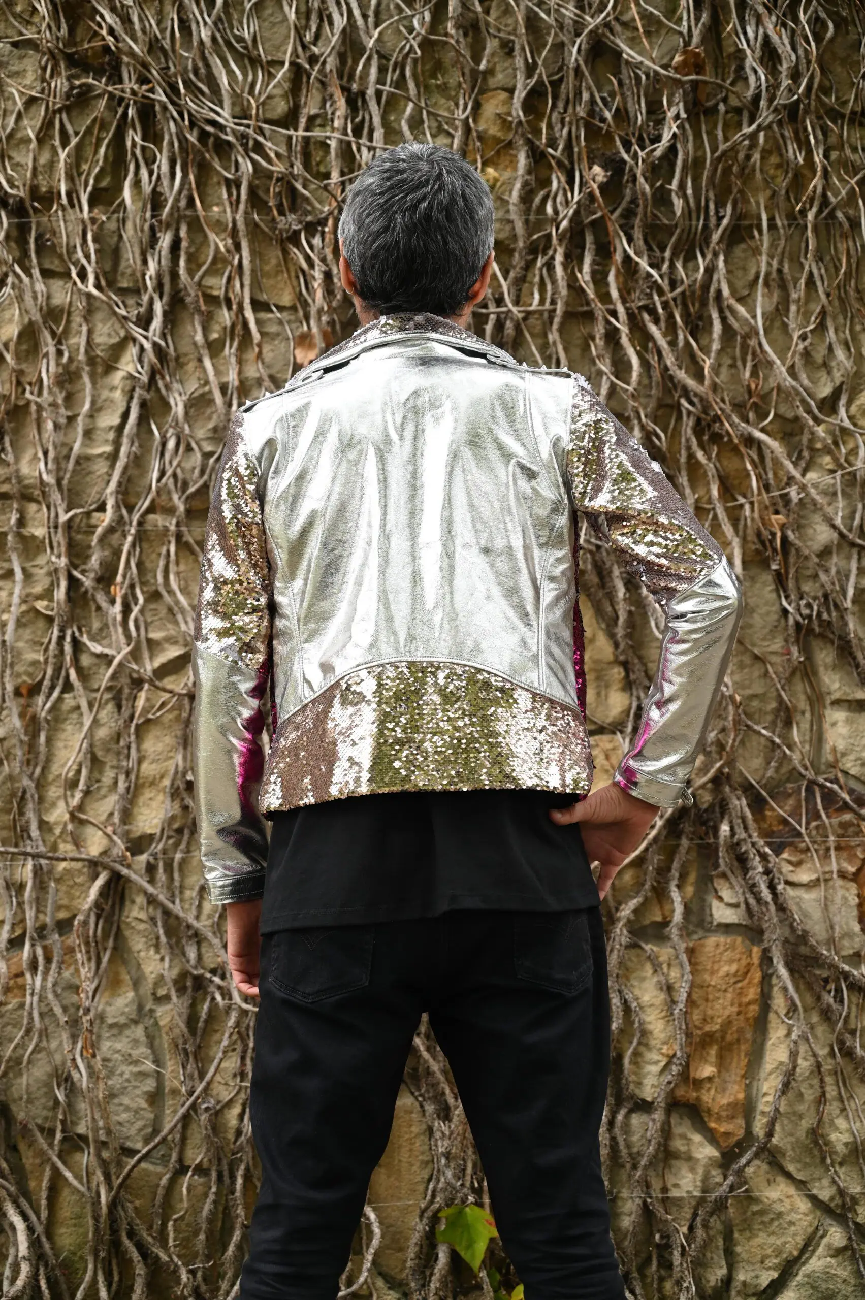 Silver Glam Rock Biker Jacket | Unisex Biker Jacket | Ducky Black - Imagen 3