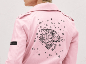 Pink Beast –Chaqueta Biker Unisex Bordada | Ducky Black Outerwear